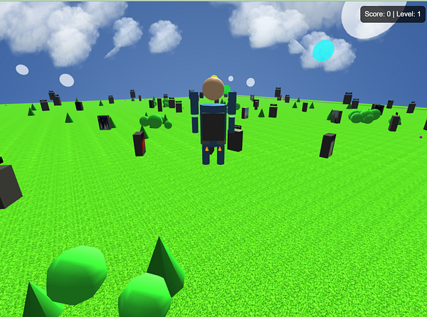 A 3D game environment featuring a character in a vibrant landscape filled with geometric shapes.