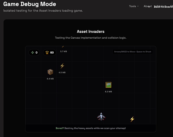 Screenshot of a retro style 'Asset Invaders' game interface with alien invader sprites and game status details.