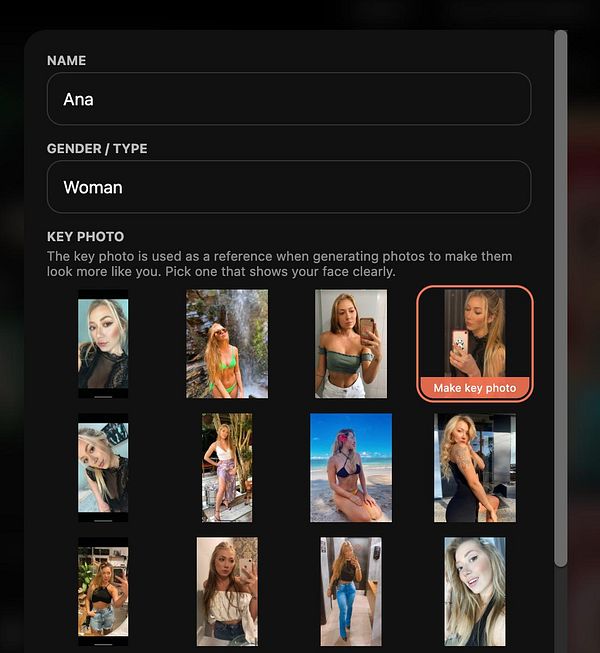 Screenshot of the 'Edit AI Model' modal window showing options to select and save a key photo for the AI model.