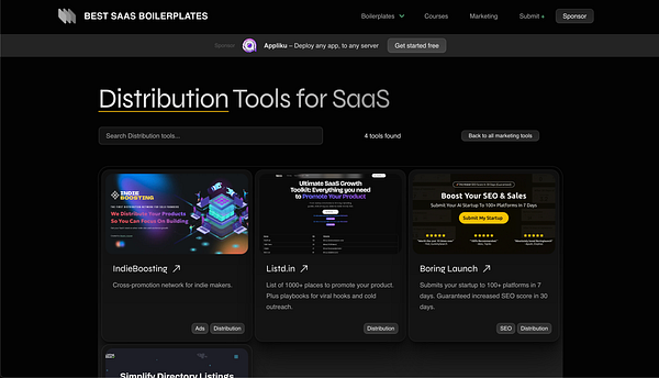 The image displays a webpage dedicated to distribution tools for SaaS marketing.