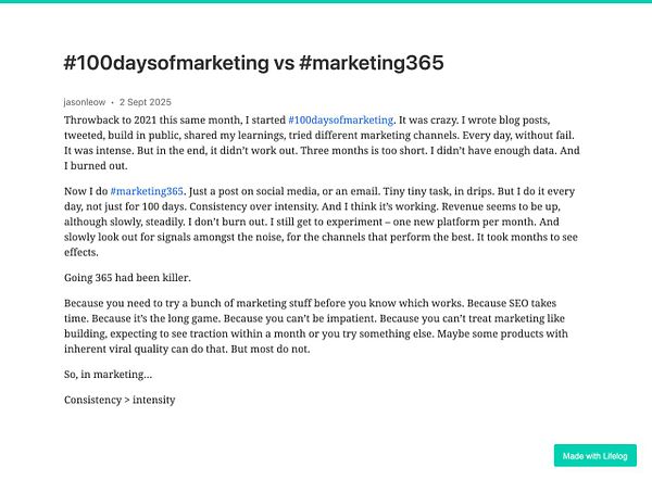 A blog post discussing the differences between two marketing strategies: #100daysofmarketing and #marketing365.