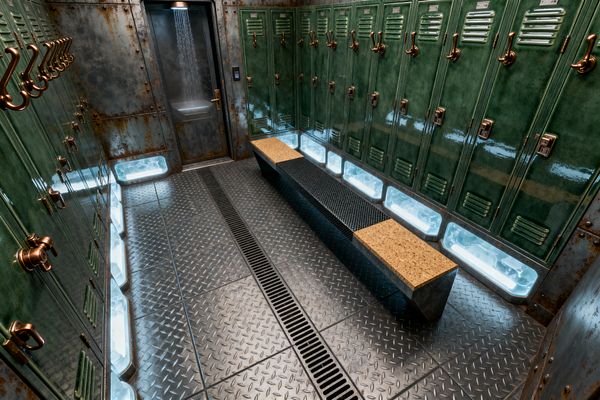 A compact mudroom styled like an industrial locker room features glossy, patinated green metal lockers on both sides with copper hooks and latches. A central bench combines perforated black steel with cork end seats over a diamond-plate steel floor and linear drain. Frosted light boxes illuminate the locker bases, while weathered, rusted steel wall panels frame a glass door revealing a rainfall shower, all washed in cool white-blue lighting for a cyberpunk glow.