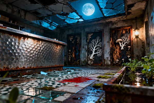 A derelict kitchen shows a hammered stainless-steel island with a rusted base beneath a shattered skylight framing a bright full moon. The green-and-white tiled floor is strewn with broken glass, wet patches, moss, and a red stain beside a galvanized planter holding water and seedlings. Three charred wooden doors on the back wall display bone-white coral reliefs and mushrooms, while a single lantern casts warm light onto stained concrete walls.