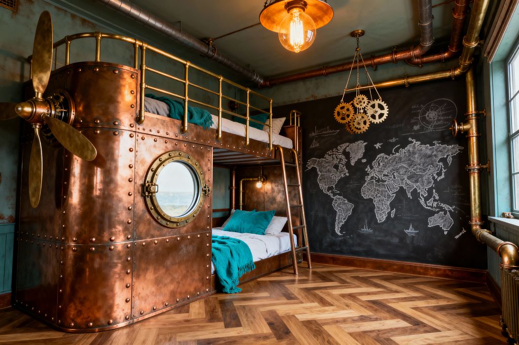 A steampunk-themed kids’ room features a riveted copper bunk bed shaped like a submarine with a brass porthole, propeller, and safety rail, reached by a wooden ladder. A large black chalkboard wall shows a hand-drawn world map. Exposed copper pipes and steel ductwork cross the ceiling with glowing Edison lights. Warm oak herringbone flooring and teal bedding add color, while daylight enters through a window on the right.