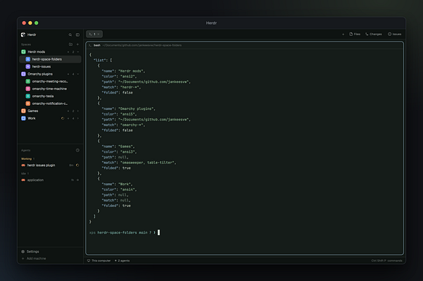 A software interface displaying the Herdr app with folder structures, a JSON configuration file, and active agent statuses.