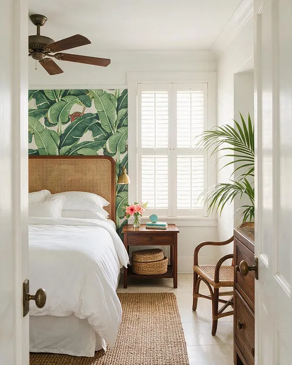 A bright tropical-style master bedroom with white walls, a woven cane headboard, and a bold green banana leaf wallpaper accent wall. The room includes a wooden nightstand, jute rug, rattan chair, potted palm, and shuttered window for soft natural light.