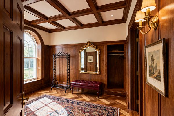 A traditional home gym anteroom with walnut-stained wood paneling and a coffered ceiling. An arched window brings daylight into the room. A gold-framed ornate mirror hangs above a tufted burgundy leather bench, with a black wrought-iron garment rack on one side and an open built-in locker niche with hangers on the other. A Persian-style rug covers a herringbone wood floor. A brass wall sconce with fabric shades and recessed ceiling lights provide warm illumination.