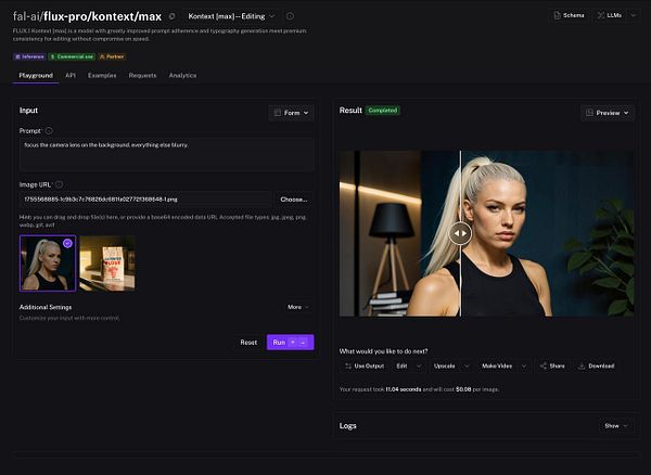 The image displays a user interface for an AI photo editing tool with input and result sections.