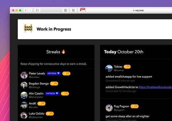 The image shows a dark mode interface for a task management site with streaks and updates for users.
