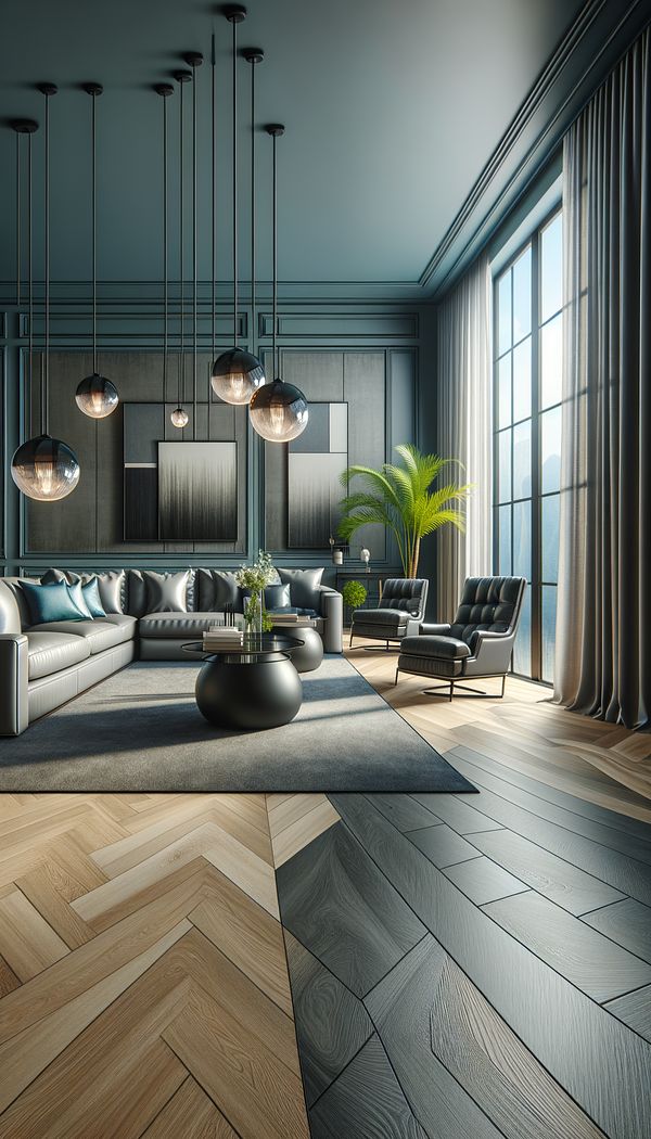 A chic living room featuring furniture upholstered with synthetic leather, a vinyl flooring that mimics the look of hardwood, and polyester curtains.