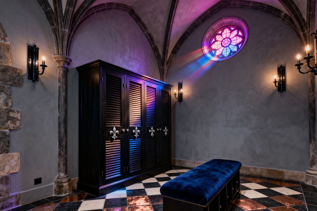 A Gothic-inspired mudroom with ribbed stone vaults and gray plaster walls features a round rose stained-glass window casting pink and blue light. A dark-stained louvered locker cabinet with fleur-de-lis pulls stands beside wrought-iron candle sconces. A deep blue velvet bench with brass nailheads rests on a black-and-white checkerboard floor dotted with copper tiles and framed by aged stone columns.