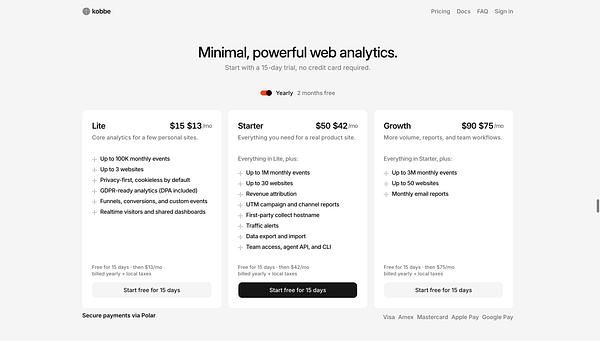 A menu interface showcasing various pricing plans for a product called Kobbe, including Basic, Professional, and Master plans with different features and a prominent call-to-action button.