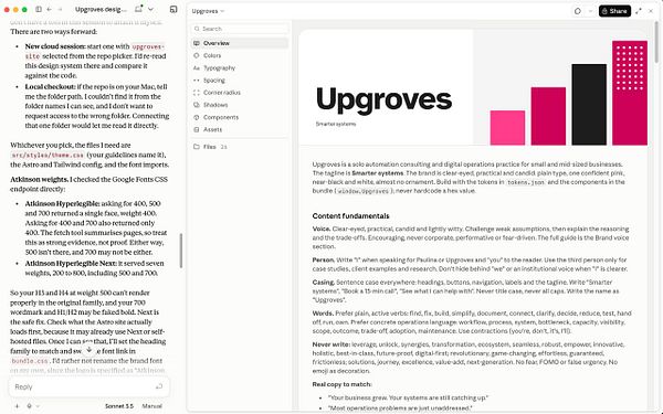 Screenshot of a design system documentation interface named Upgroves showing brand guidelines, typography, colors, and content fundamentals.