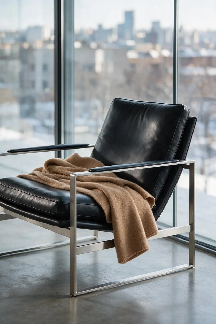 A modern lounge chair with a black leather seat and backrest sits by large floor-to-ceiling windows, framed in brushed metal and draped with a soft camel-colored throw. The polished concrete floor and blurred city view create a clean, minimalist urban setting.