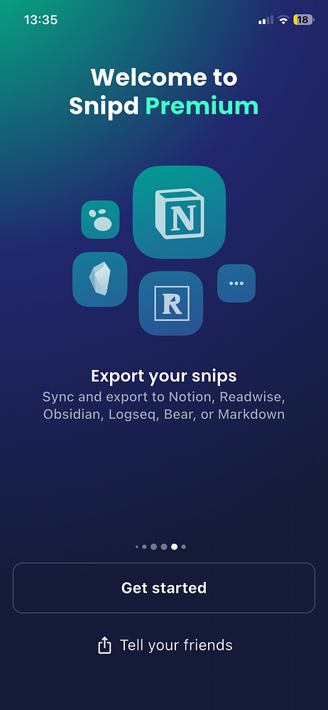 The image displays the welcome screen for Snipd Premium, highlighting its features and export options.