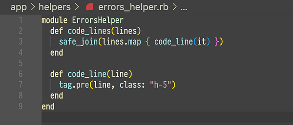 The image displays a snippet of Ruby code from a file named 'errors_helper.rb'.