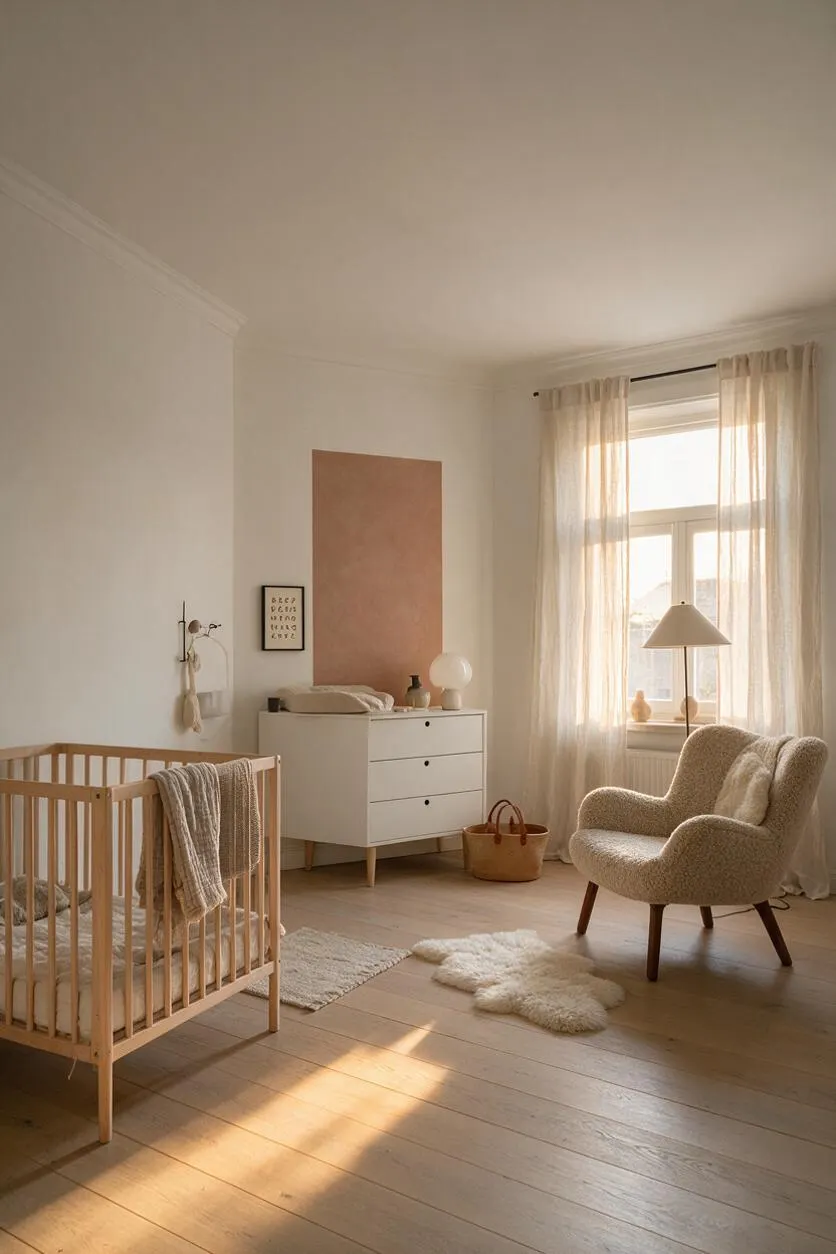 A serene Scandinavian nursery with a light wood crib, white dresser, and a boucle armchair by a sunlit window. Sheer curtains, a pink wall panel, and soft neutral rugs create a calm, airy atmosphere.