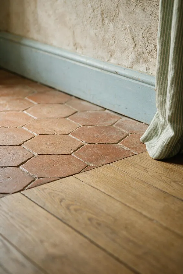 A close-up of a French Country interior showing irregular terracotta hexagonal tiles meeting wide honey-toned wood planks. A pale blue painted baseboard and textured plaster wall frame the corner, with a soft striped linen curtain hanging at the right edge.