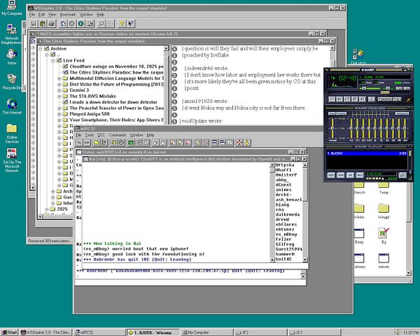 The image displays a Windows 95 desktop environment featuring various applications and windows open simultaneously.