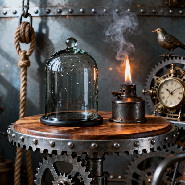 A close-up of a steampunk patio vignette shows a round wood-topped table ringed with exposed metal gears and rivets. On the surface, a clear glass cloche beaded with condensation sits beside a small weathered metal oil burner with a tall orange flame and wisps of smoke. Behind, a riveted steel wall, a loop of thick jute rope, and a brass clock with interlocking gears and a small bird figurine complete the industrial scene.