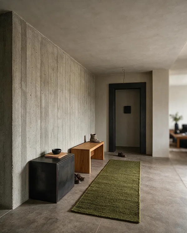 A minimalist entryway with raw concrete walls and ceiling, a black framed doorway, a slim oak bench, and a dark cube side table. A moss-green runner rug anchors the space, while scattered shoes and soft daylight create a quiet, grounded atmosphere.
