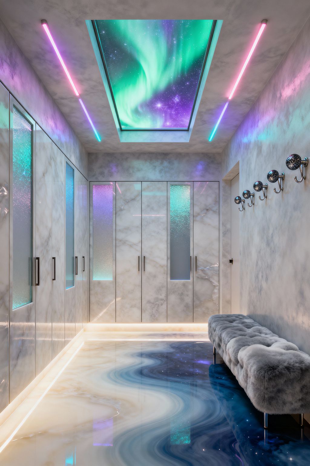 Contemporary mudroom with marble-look floor-to-ceiling cabinetry and long black pulls, lit by warm toe-kick LEDs. The glossy epoxy floor shows a swirling galaxy pattern in white, navy, and purple. Overhead, a recessed lightbox displays an aurora borealis image, framed by pink and cyan neon strips. Frosted glass door panels glow in turquoise and violet. On the right, chrome globe wall hooks line the wall beside a tufted gray faux-fur bench with chrome legs.