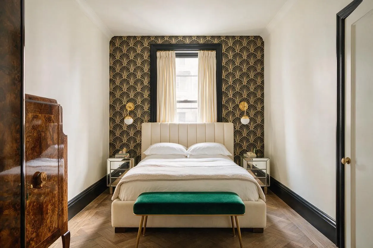 A narrow master bedroom with a cream upholstered bed centered against a dramatic black-and-gold Art Deco accent wall. The room has white walls, a herringbone wood floor, mirrored bedside tables, brass wall sconces, cream curtains, and a green velvet bench at the foot of the bed.