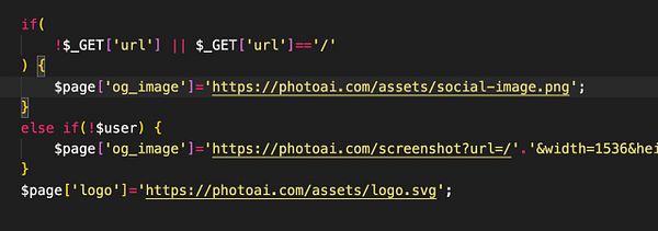 The image displays a snippet of PHP code related to setting social media images based on URL parameters.