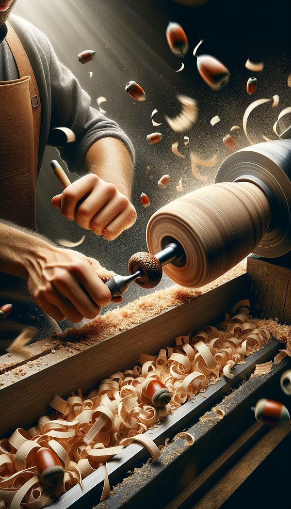a master woodworker shaping a piece of wood on a lathe to resemble an acorn, with wood shavings flying around