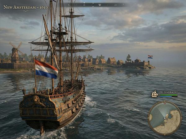 Screenshot of the New Amsterdam video game main menu with navigation and task options.