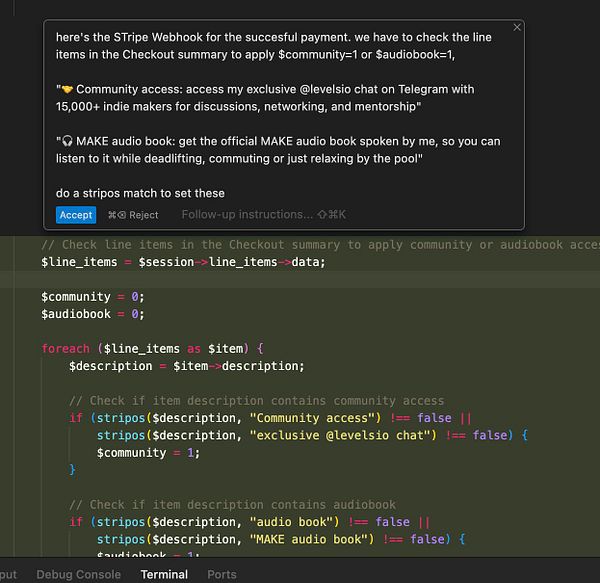 The image displays a code snippet related to a payment processing webhook for a service offering community access and an audiobook.