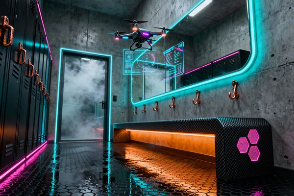 A cyberpunk-inspired mudroom with raw concrete walls, glossy black hex tile flooring with puddles, and matte black lockers fitted with copper handles. A carbon-fiber bench with orange underlighting and pink hex vents sits beneath a wide mirror edged in cyan neon, with floating HUD-style graphics. Copper wall hooks line the concrete, a fogged glass door glows teal, and a small RGB-lit drone hovers near the mirror.