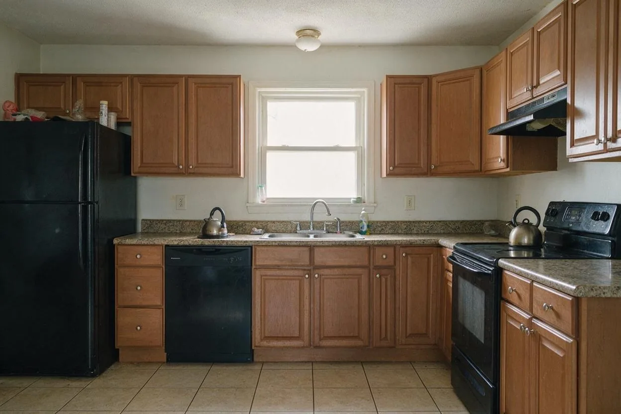 An ordinary family kitchen with honey-oak cabinets and a black fridge
