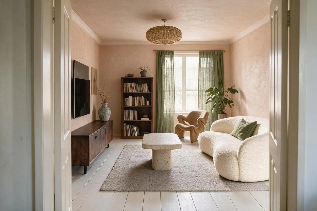 The same Organic Modern living room in the Clay and Olive palette: clay, bone, walnut, olive, and stone