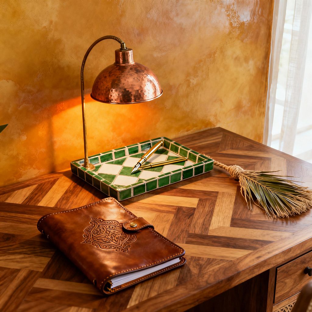 Close-up of a Moroccan-style home office desk with a herringbone wood surface beside a sunlit window. A hammered copper lamp on a brass stem casts warm light over a green-and-cream zellige tile tray holding a brass pen. An embossed cognac leather notebook lies in the foreground, and a small palm-fiber whisk sits to the right. The backdrop is a glossy ochre plaster wall with sheer curtains diffusing daylight.