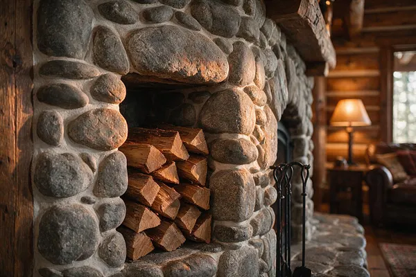 A close-up of a rustic stone fireplace made from rounded river stones, with a recessed opening neatly stacked with split firewood. In the softly blurred background, warm wood log walls, a glowing table lamp, and a cozy leather chair reinforce the cabin-like atmosphere.