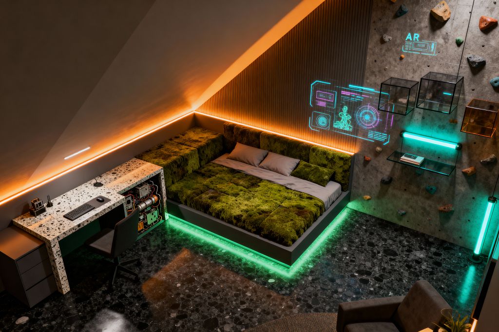 A kids’ bedroom under a sloped ceiling features a platform bed with patchwork, moss-textured upholstery and gray linens, underlit in neon green beside ribbed wood wall panels. A concrete climbing wall with colored holds, holographic AR graphics, aqua light bars, floating acrylic shelves, a white-speckled terrazzo desk with exposed machinery, and a glossy black terrazzo floor complete the cyberpunk scheme.