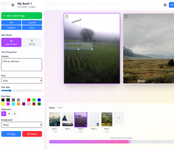 The image displays a user interface for editing a digital book with a cluttered layout and unclear visuals.
