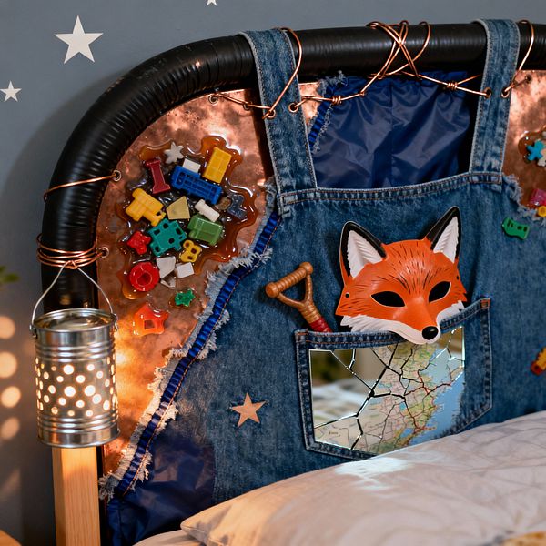 A child’s bed features a DIY headboard made from frayed denim overalls stretched over a copper sheet, wrapped in black pipe and copper wire. The pocket holds an orange fox mask, a small toy spade, and a cracked mirror overlaying a paper map; colorful plastic blocks are cast into clear resin patches. A perforated tin-can lantern glows warmly at the side, with a wood post, white bedding, and a gray-blue wall dotted with white star decals.