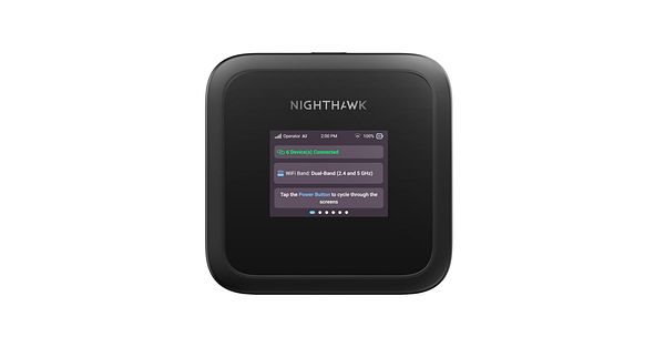 The image displays a Netgear Nighthawk M3 mobile hotspot device with an interactive screen.