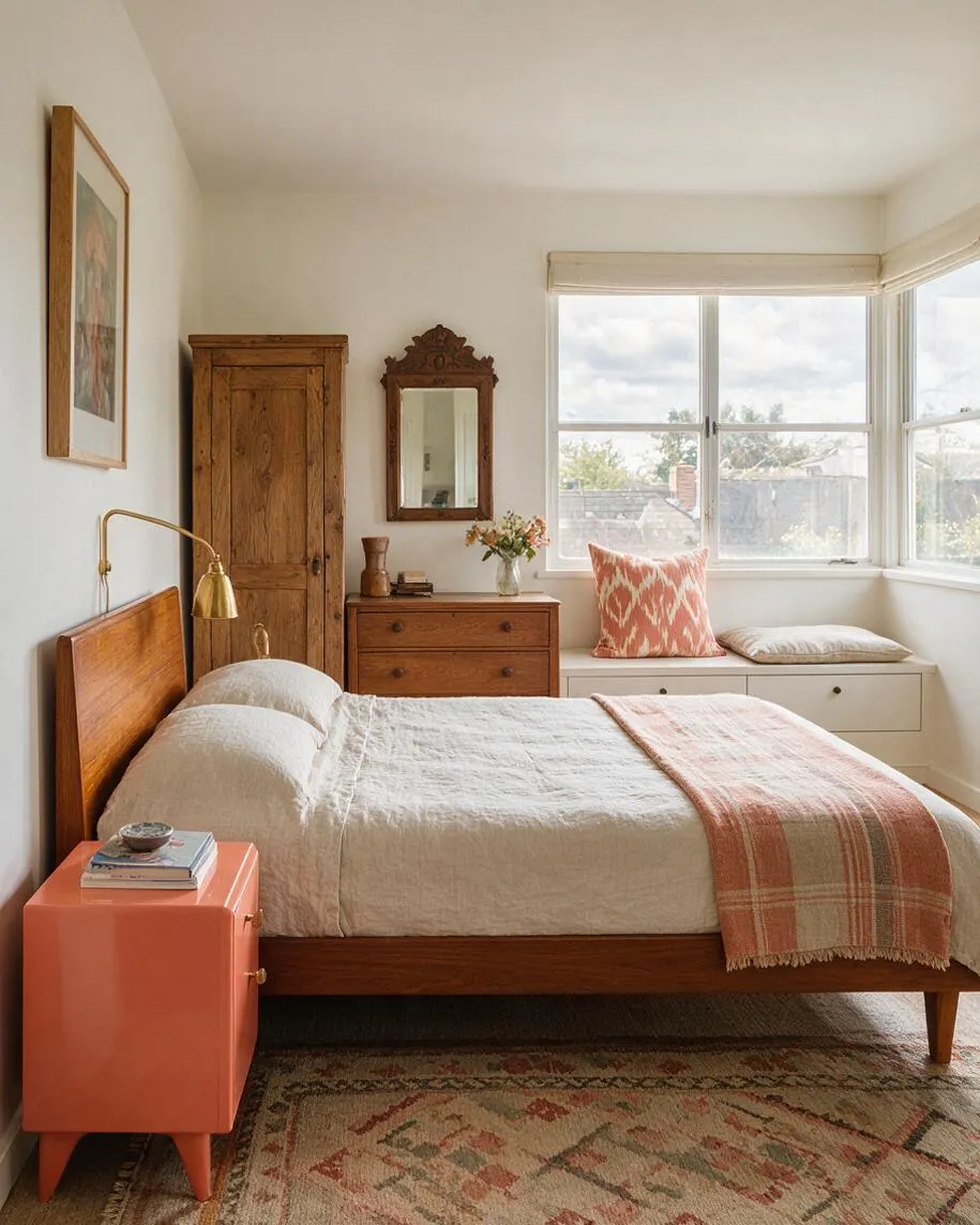 A cozy master bedroom with a wooden bed, cream bedding, and a coral plaid throw. The room includes a tall vintage wardrobe, a carved wall mirror, a coral bedside cabinet, and a bay window seat with patterned pillows, all in soft neutral tones with warm wood and brass details.