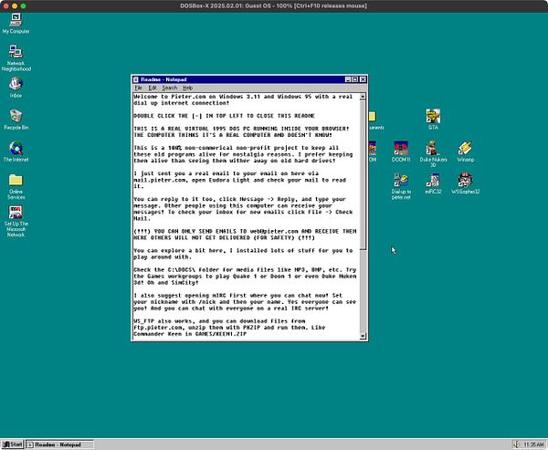 A vintage Windows 95 desktop environment displaying a Notepad window with instructions and information about using a virtual DOS PC.
