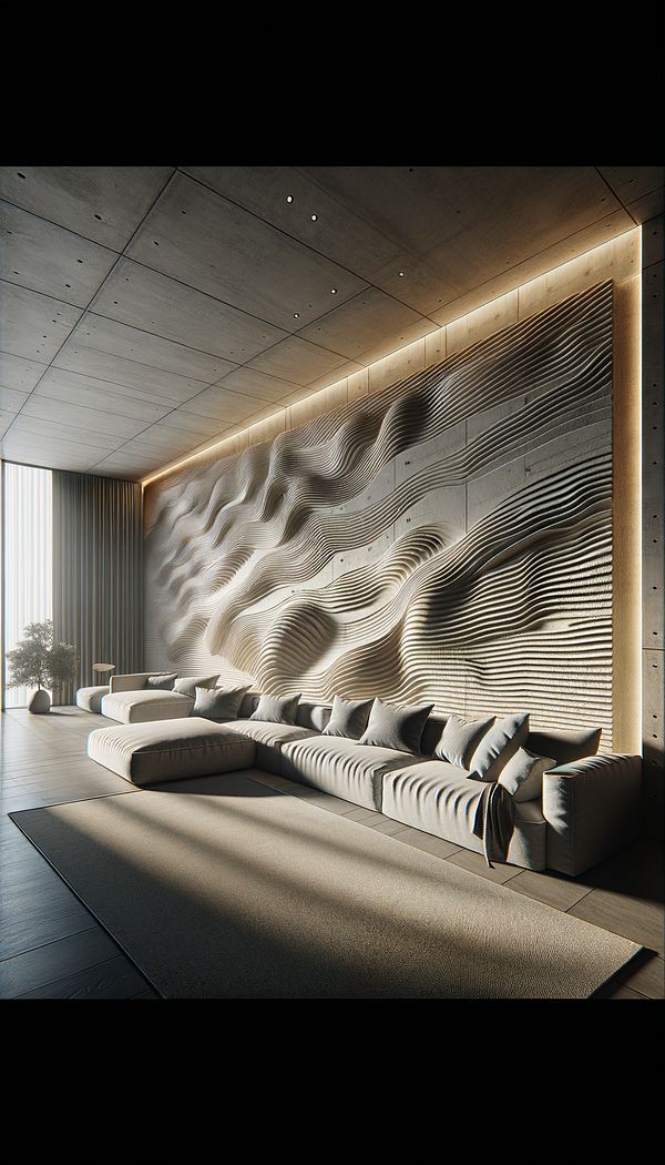 a textured stucco wall in a modern living room, illuminated by natural light coming from large windows