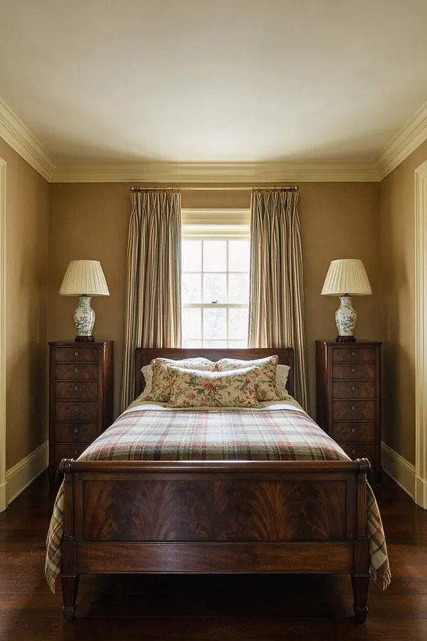 A traditional guest bedroom with a dark wood sleigh bed centered beneath a window, flanked by matching wooden nightstands and ceramic table lamps. The room features beige walls, striped curtains, plaid bedding, and floral pillows, creating a warm, classic atmosphere.