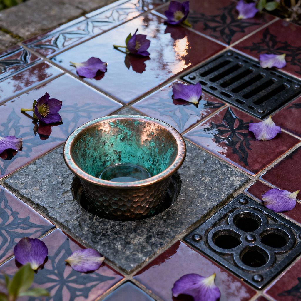 Close-up of a patio shows glossy oxblood glazed tiles patterned with black leaf tracery. A rough-cut square of gray stone frames a recessed opening holding a small hammered copper cup with a green verdigris interior. Nearby are two cast-iron drains, one rectangular and one with a quatrefoil design. Purple flower blossoms and petals lie across the wet surface, reflecting light and creating a moody, Gothic-inspired outdoor scene.