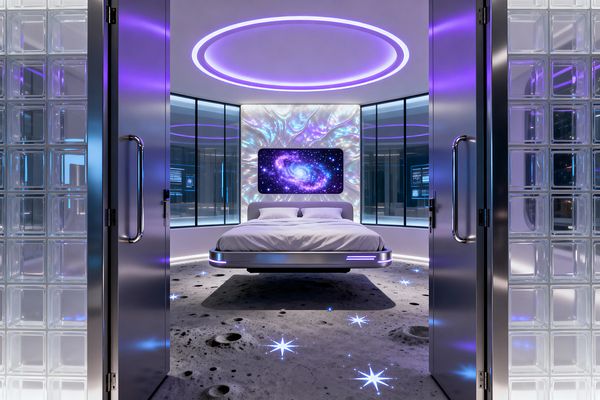 Viewed through stainless-steel double doors and glass-block walls, a futuristic bedroom centers on a floating silver platform bed with white bedding before an iridescent wall panel framing a galaxy screen. A large purple LED ring ceiling and perimeter lighting bathe black-framed glass partitions, while a gray floor printed like the moon’s surface is dotted with embedded star-shaped lights.