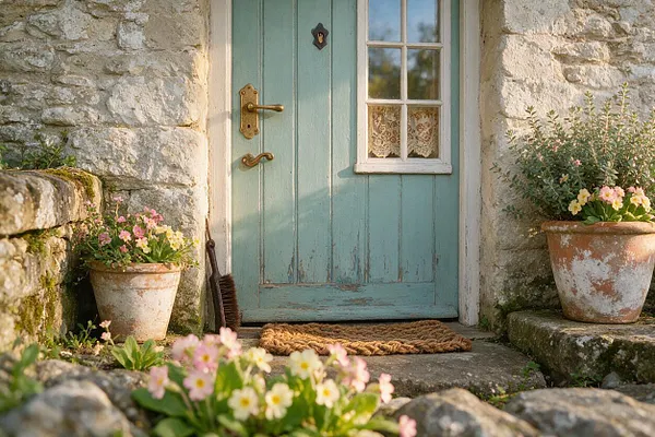 A quaint cottage exterior with a pale blue wooden door set into rough stone walls, paired with a small paned window and lace curtain. Terracotta pots of pink and yellow flowers flank the entrance, with a woven doormat and a broom adding a lived-in cottagecore feel.