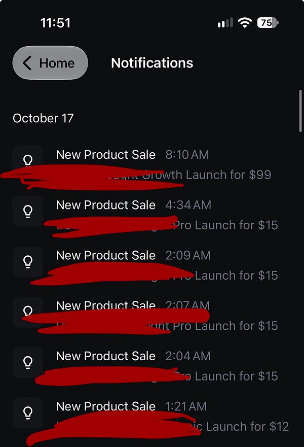 Notifications screen showing multiple new product sale alerts with timestamps and prices on October 17.
