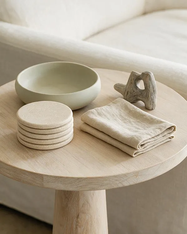 A small round light-wood side table is styled with a pale ceramic bowl, a stack of round stone coasters, a folded beige linen napkin, and a small driftwood-like sculptural object. A cream sofa sits softly blurred in the background, creating a calm coastal-inspired vignette.