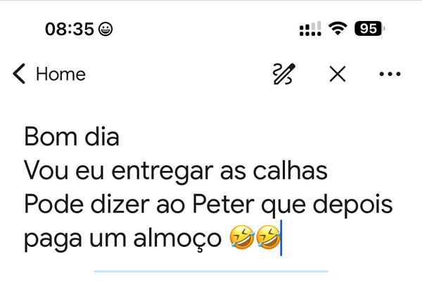 A digital note contains a message in Portuguese about delivering something and a request for lunch payment.